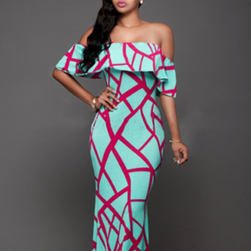Off Shoulder Maxi Dress - Windowpane Design